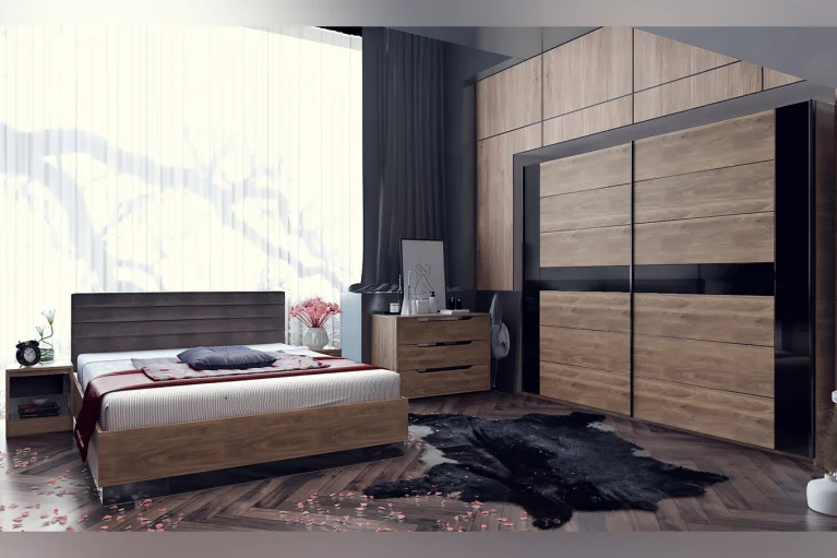 Спален комплект Modern 3 с матрак 160/200, в цвят Дъб бренди и МДФ Черен гланц, включва легло с повдигащ механизъм и тапицирана табла, гардероб с плъзгащи врати, 2 нощни шкафчета