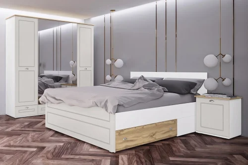 Спален комплект с матрак 160/200 ИРИМ Landscape в цветове MDF Бял фладер/Дъб дакота, легло с 2 чекмеджета, нощни шкафчета с вратичка, четирикрилен гардероб с 4 чекмеджета и огледал